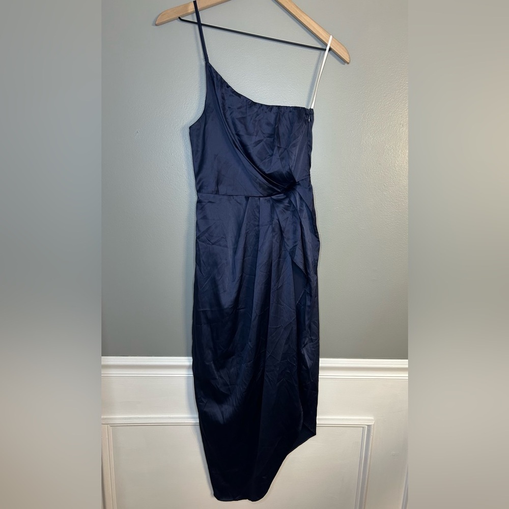 Lulus Law of Attraction Navy Blue One-Shoulder Asymmetrical Midi Dress, Size XS - Picture 5 of 13